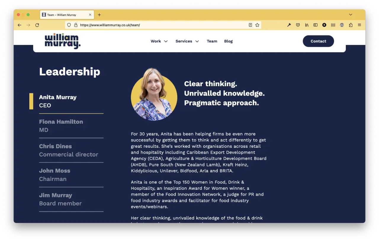 Desktop computer-sized screenshot of the William Murray Team page.